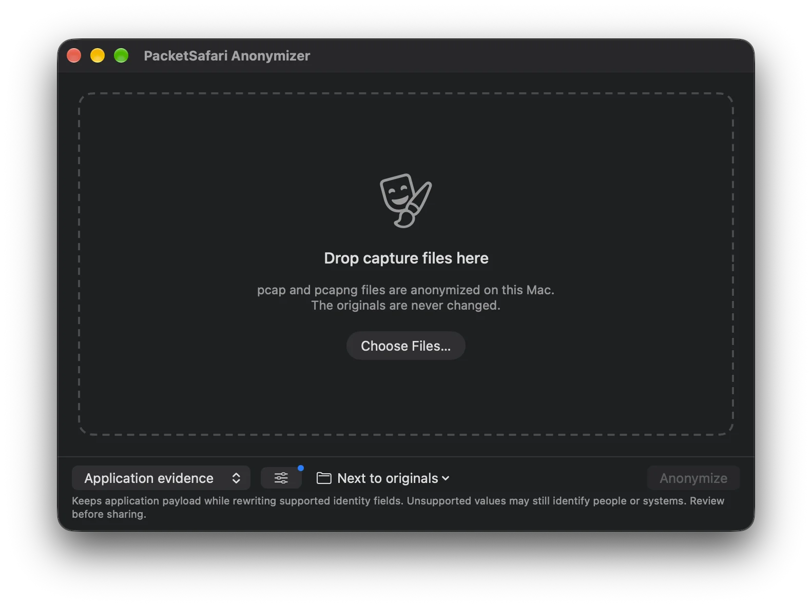 PacketSafari Anonymizer on macOS: drop capture files, choose network or application evidence, and anonymize locally