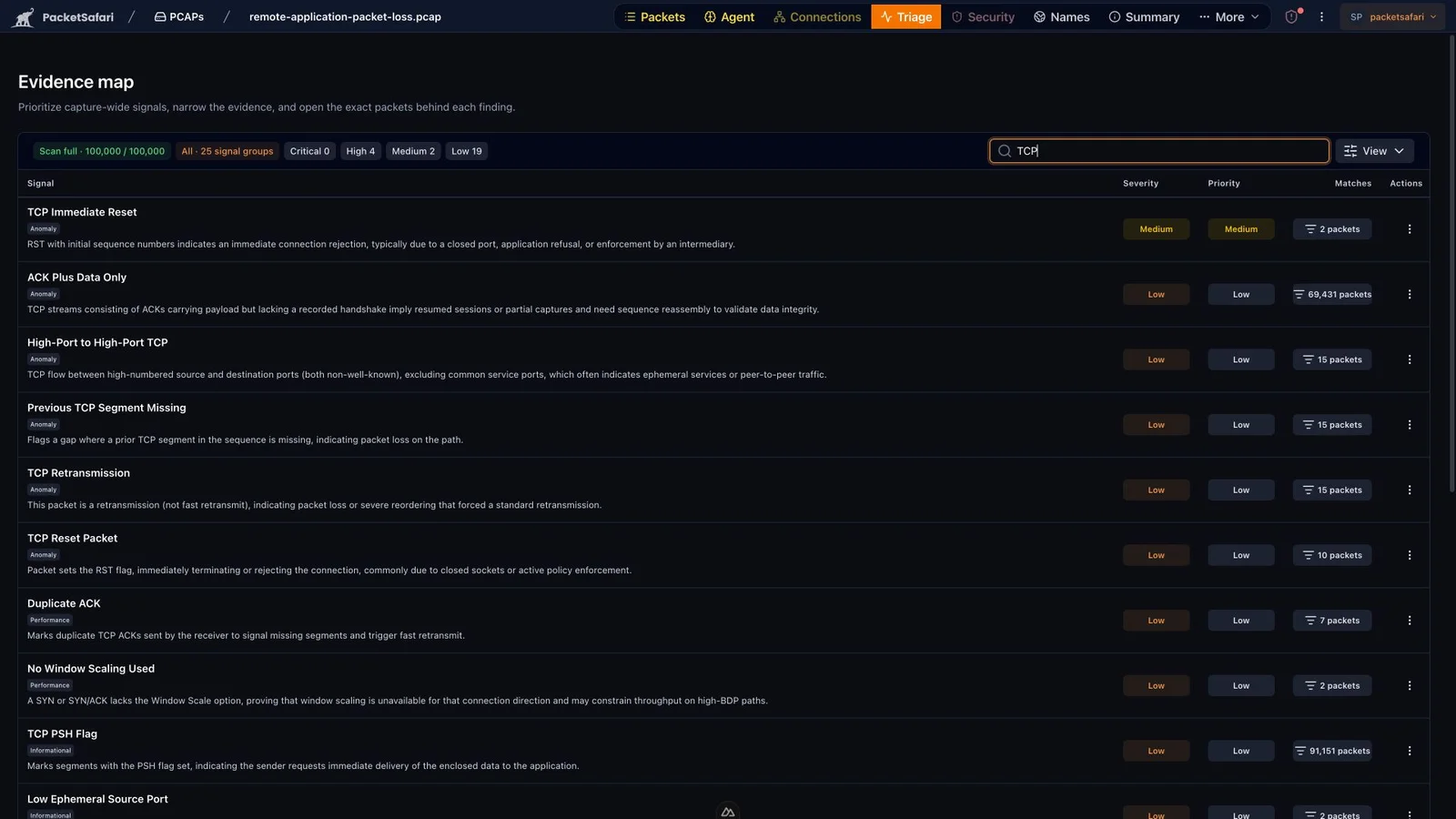 PacketSafari Triage Evidence Map populated with TCP retransmission, packet-loss, and transport-recovery findings