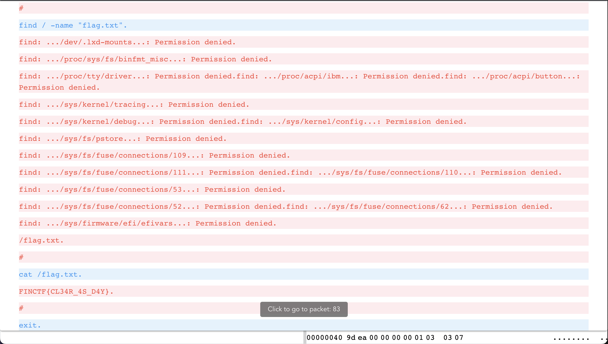 Followed TCP stream showing a shell session where cat /flag.txt reveals the CTF flag